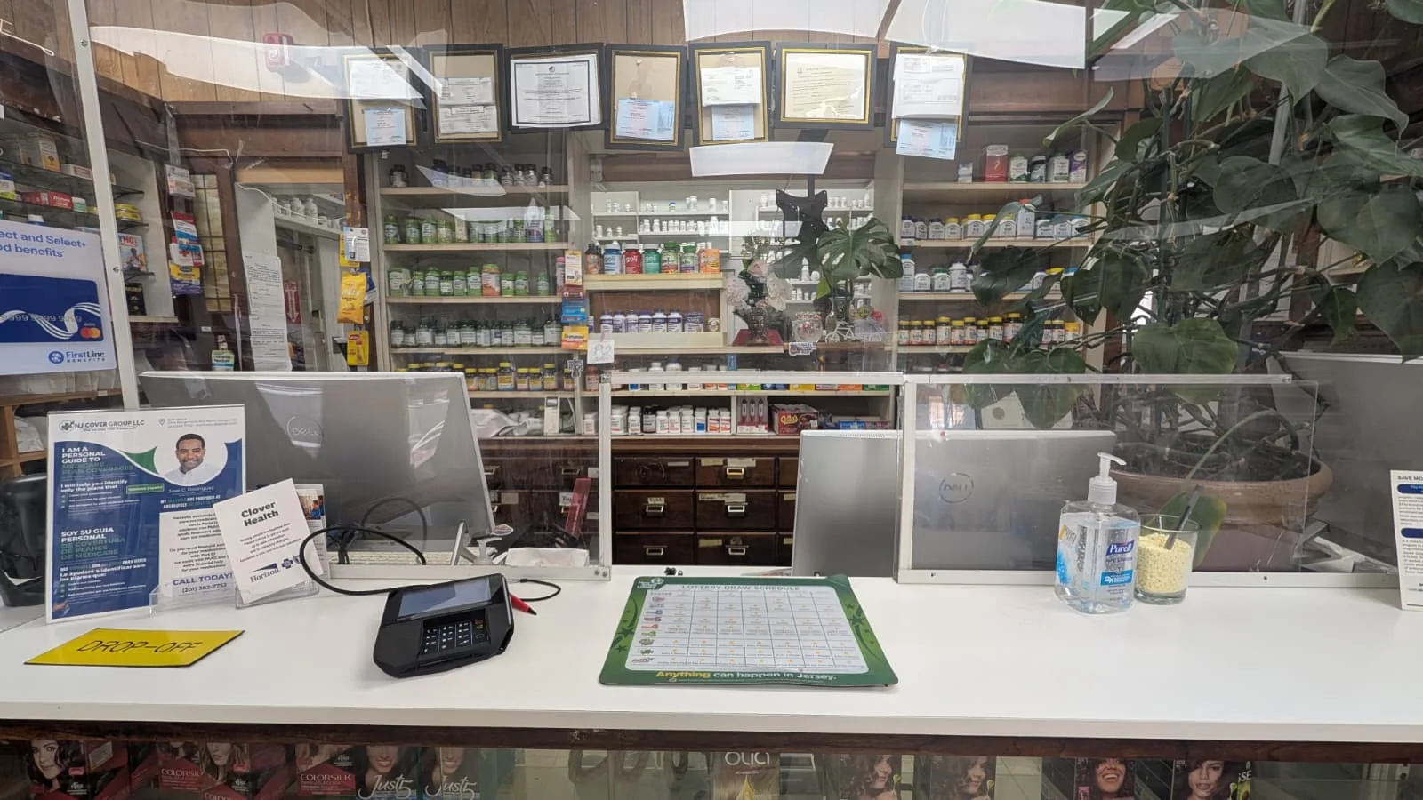 Pharmacy shelves and counter