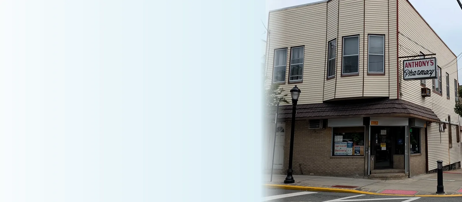 Anthony's Pharmacy sign, awning, windows, and entrance